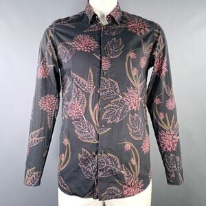 TED BAKER Size L Grey Purple Abstract Floral Cotton Long Sleeve Shirt